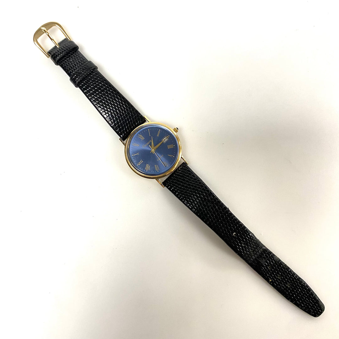 m730 Vintage Geneve 14K Yellow Gold Blue Sunburst Dial Swiss Quartz Wrist Watch