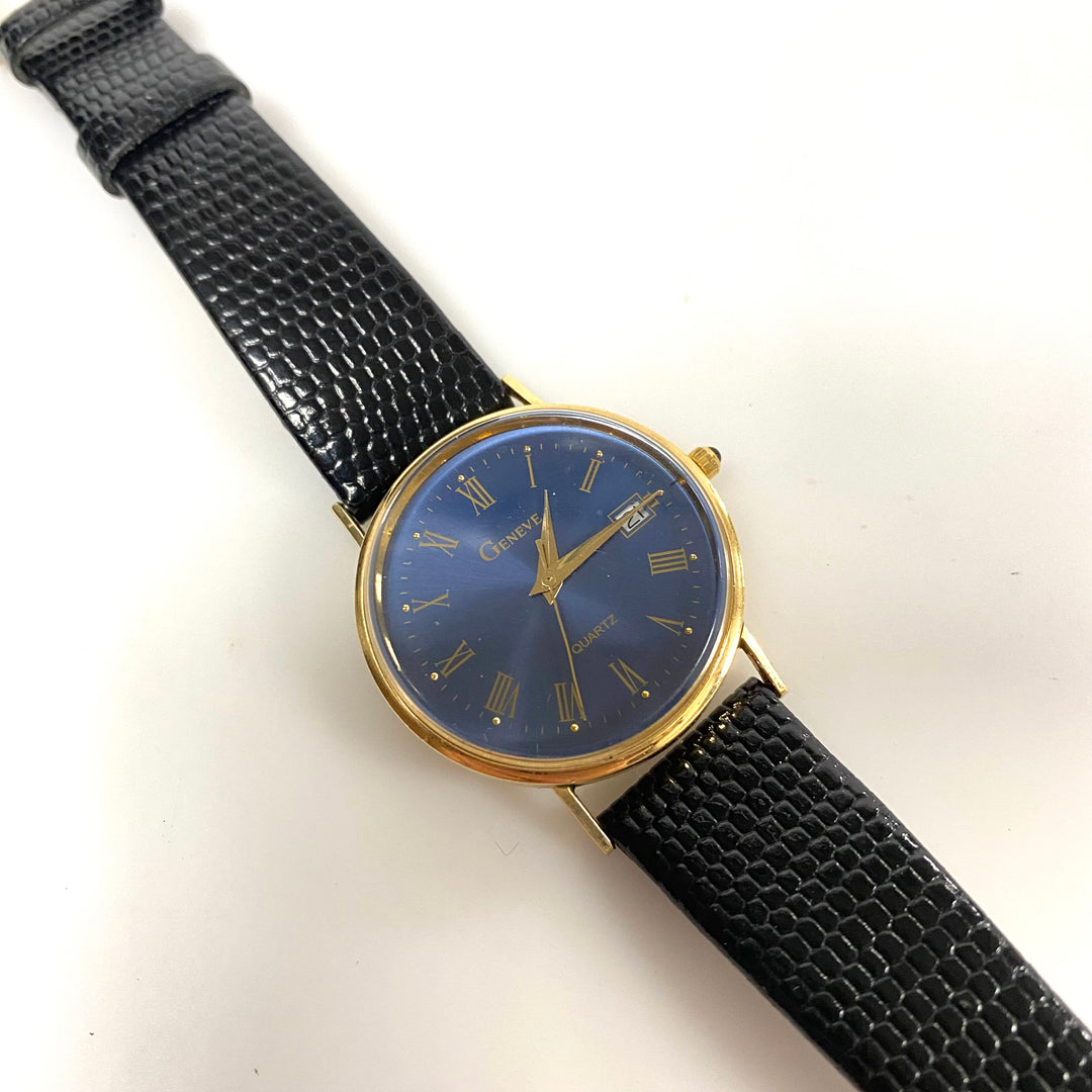 m730 Vintage Geneve 14K Yellow Gold Blue Sunburst Dial Swiss Quartz Wrist Watch