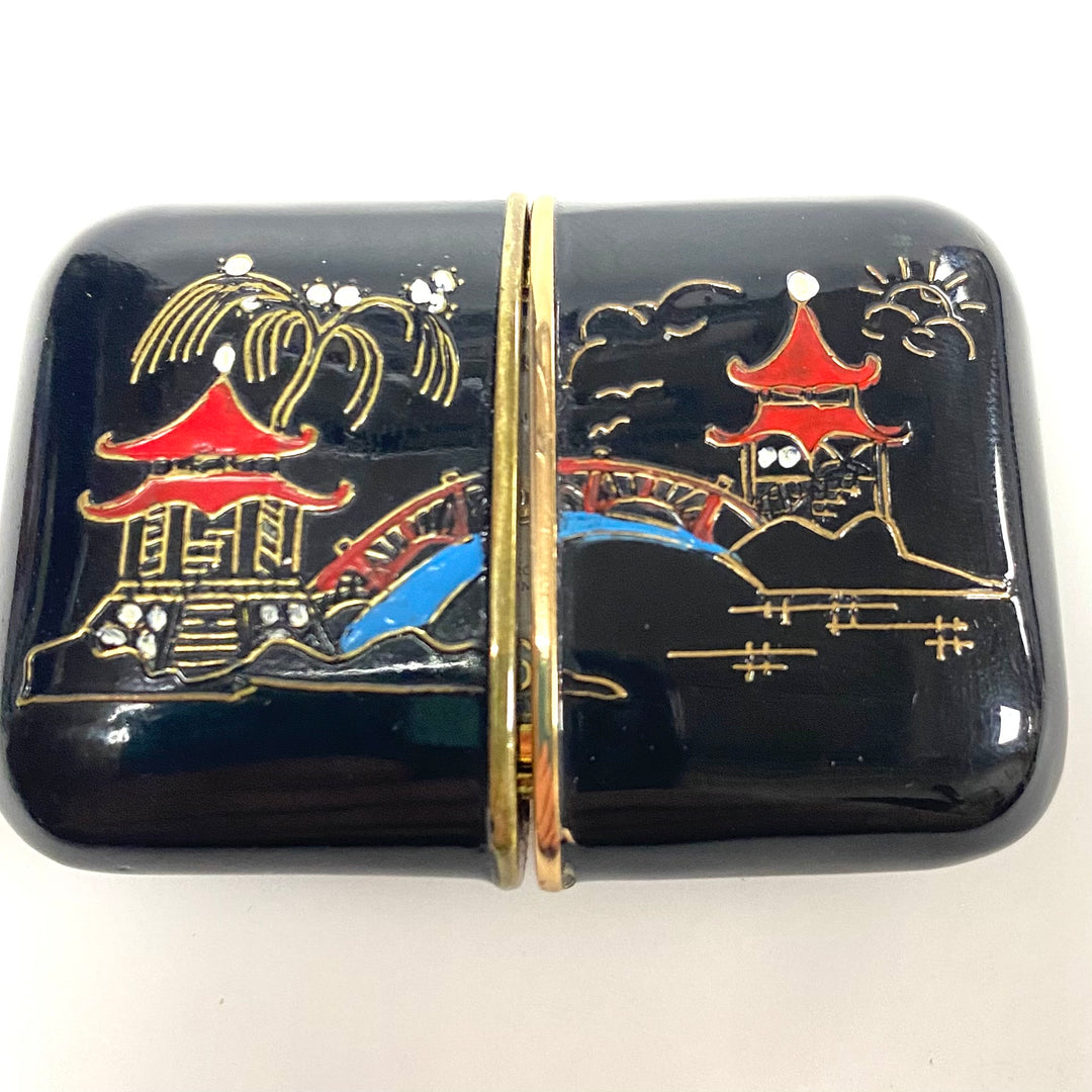 m732 Vintage Rensie Japanese Lacquer Pagoda Scene Shockproof Travel Purse Clock
