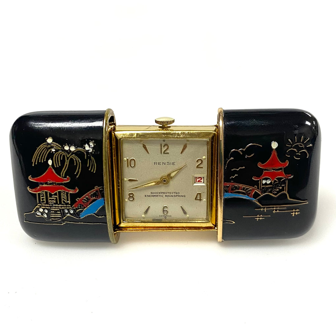 m732 Vintage Rensie Japanese Lacquer Pagoda Scene Shockproof Travel Purse Clock
