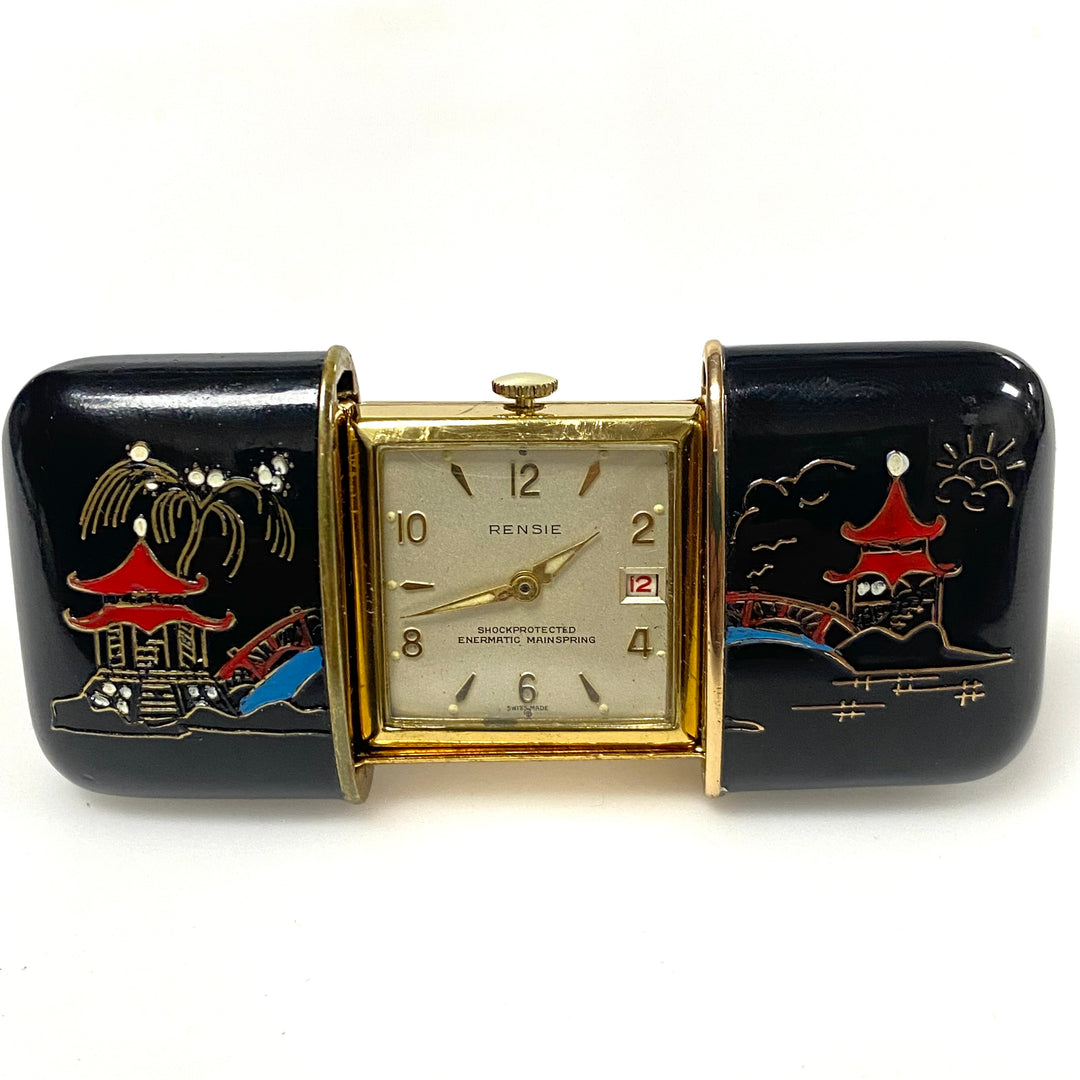 m732 Vintage Rensie Japanese Lacquer Pagoda Scene Shockproof Travel Purse Clock