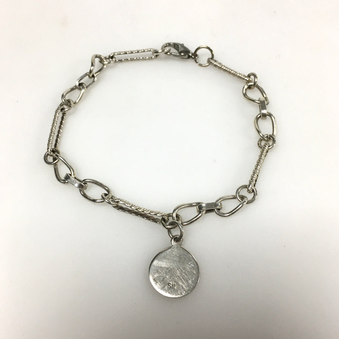 m733 Vintage Sterling Silver Multi-link Chain Charm Bracelet Circular Medallion