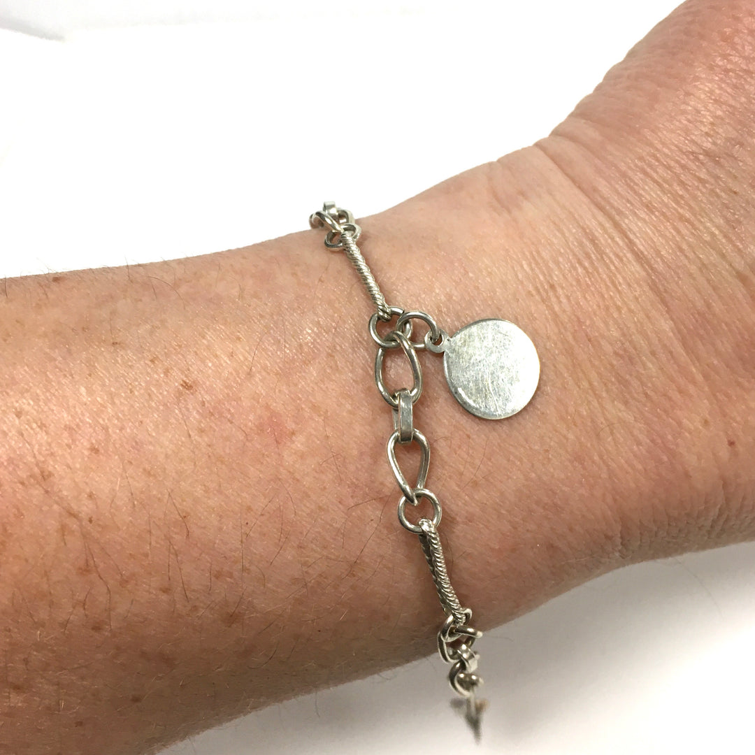 m733 Vintage Sterling Silver Multi-link Chain Charm Bracelet Circular Medallion