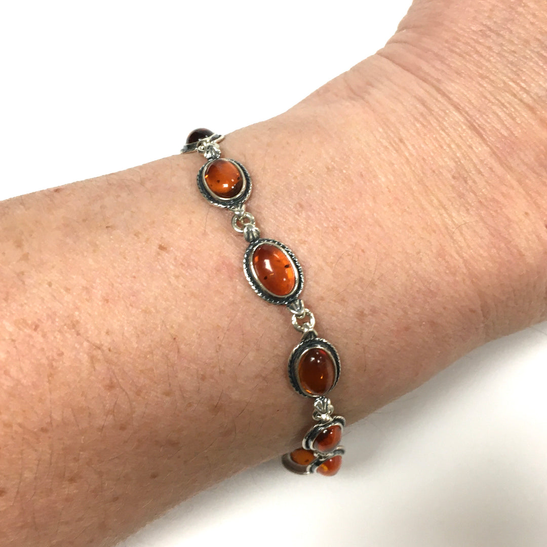 m736 Vintage Sterling Silver 925 Cabochon Oval Amber Link Chain Bracelet 7" Long