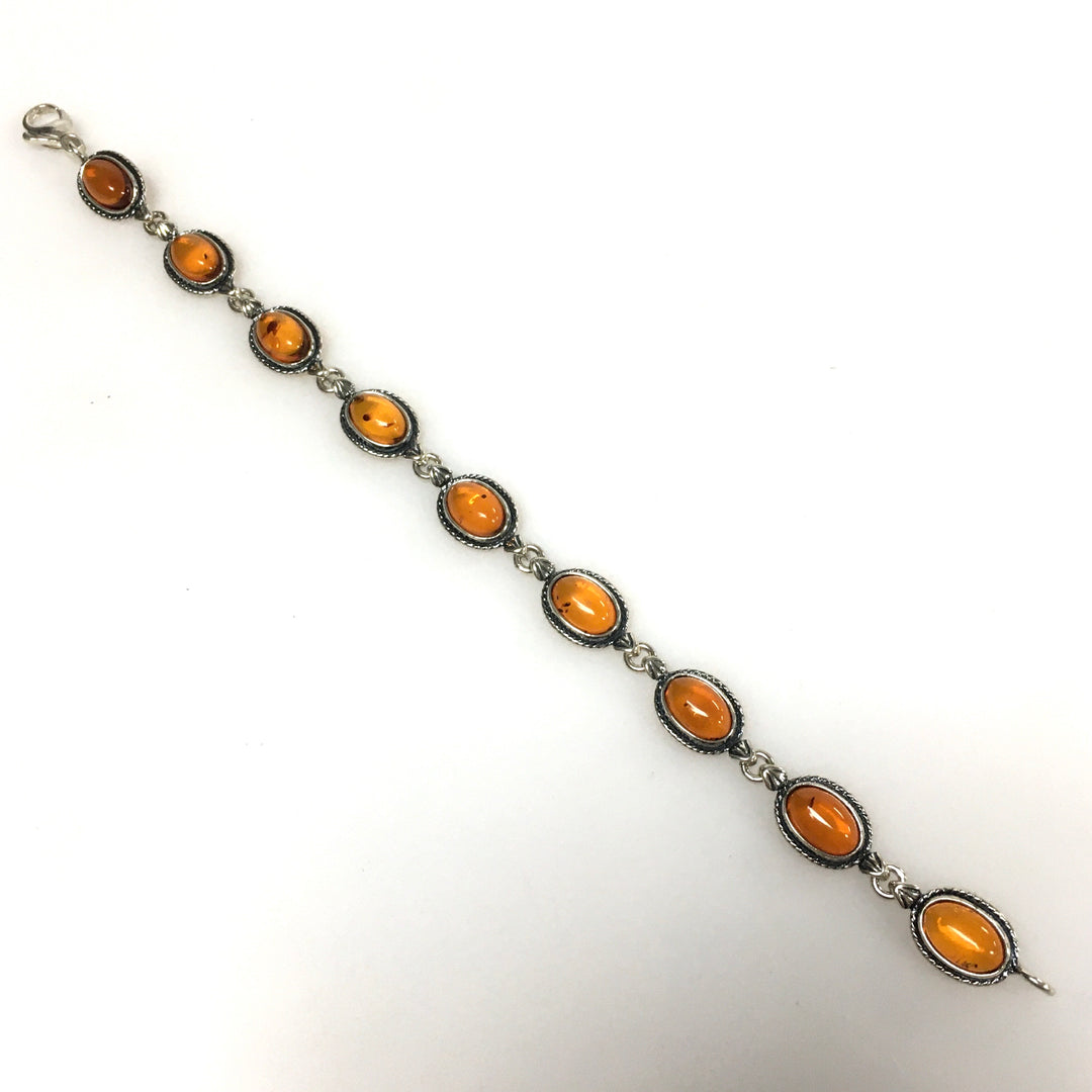 m736 Vintage Sterling Silver 925 Cabochon Oval Amber Link Chain Bracelet 7" Long