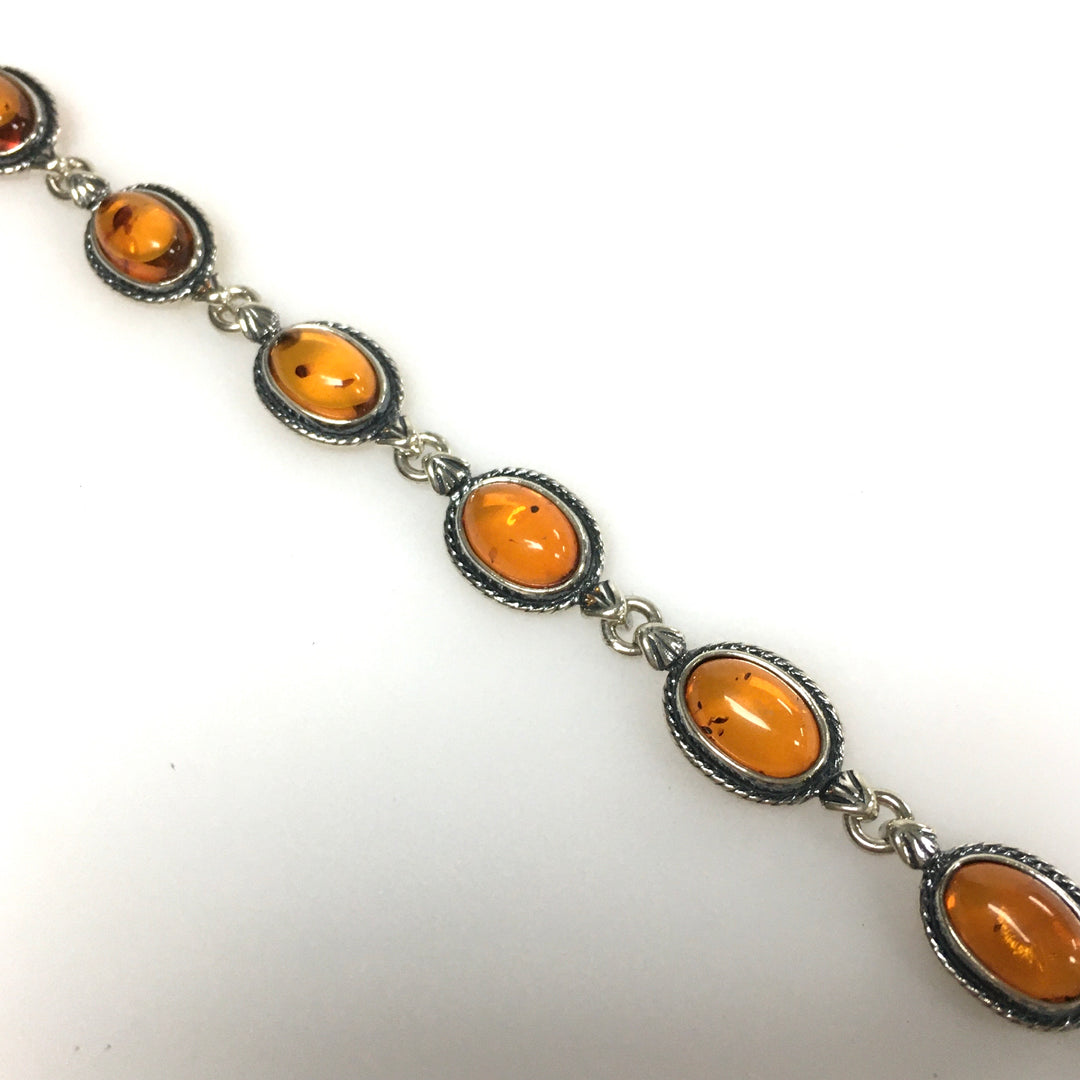 m736 Vintage Sterling Silver 925 Cabochon Oval Amber Link Chain Bracelet 7" Long