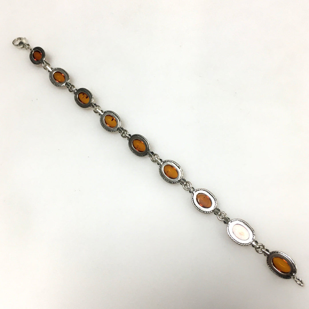 m736 Vintage Sterling Silver 925 Cabochon Oval Amber Link Chain Bracelet 7" Long
