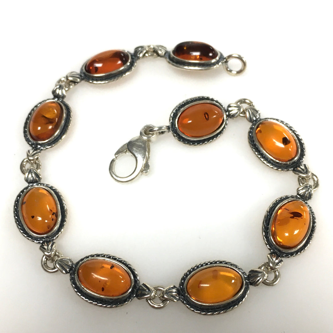 m736 Vintage Sterling Silver 925 Cabochon Oval Amber Link Chain Bracelet 7" Long