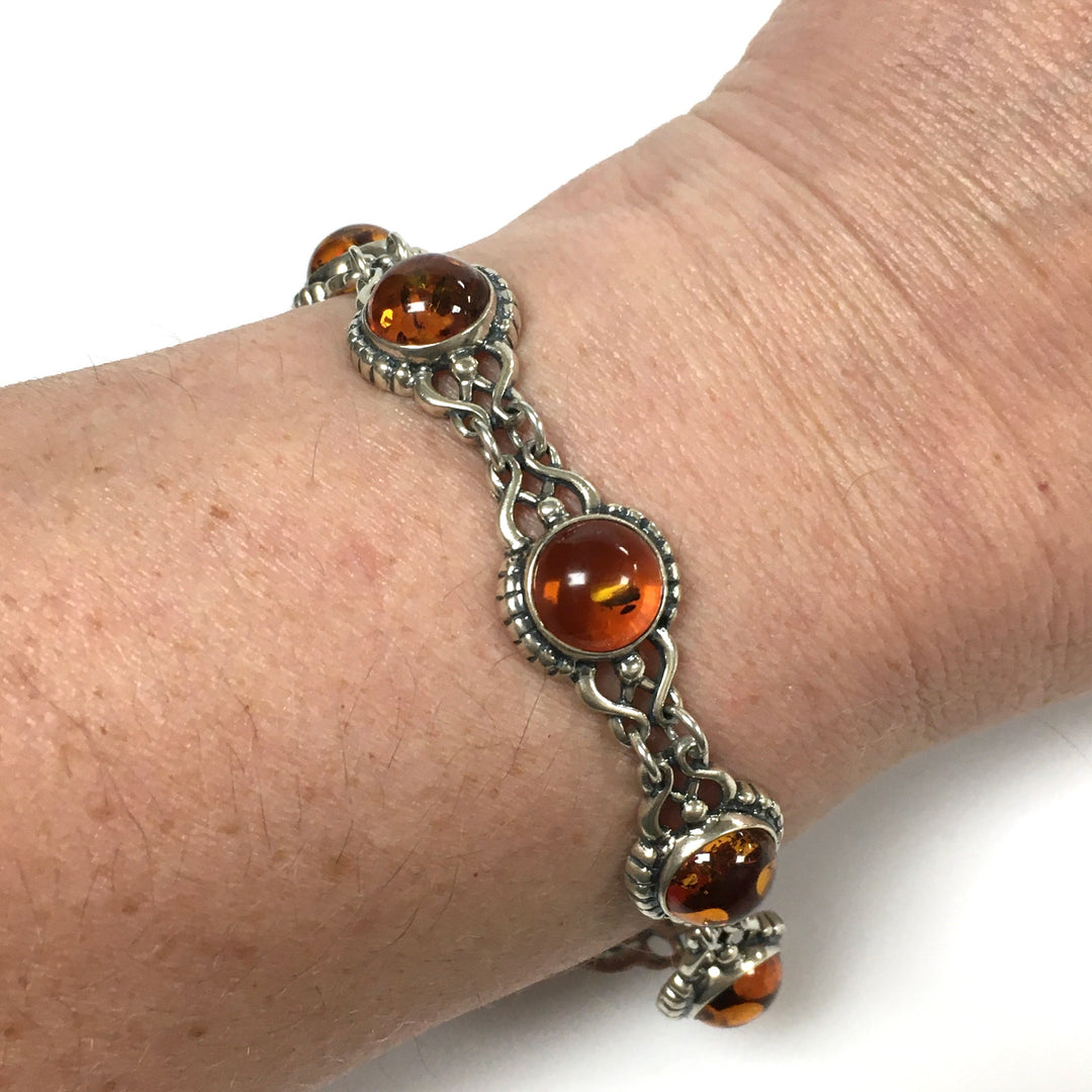 m737 Vintage Sterling Silver 925 Cabochon Amber Link Chain Bracelet 7.5" Long
