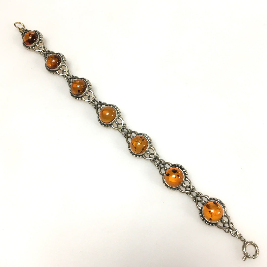 m737 Vintage Sterling Silver 925 Cabochon Amber Link Chain Bracelet 7.5" Long