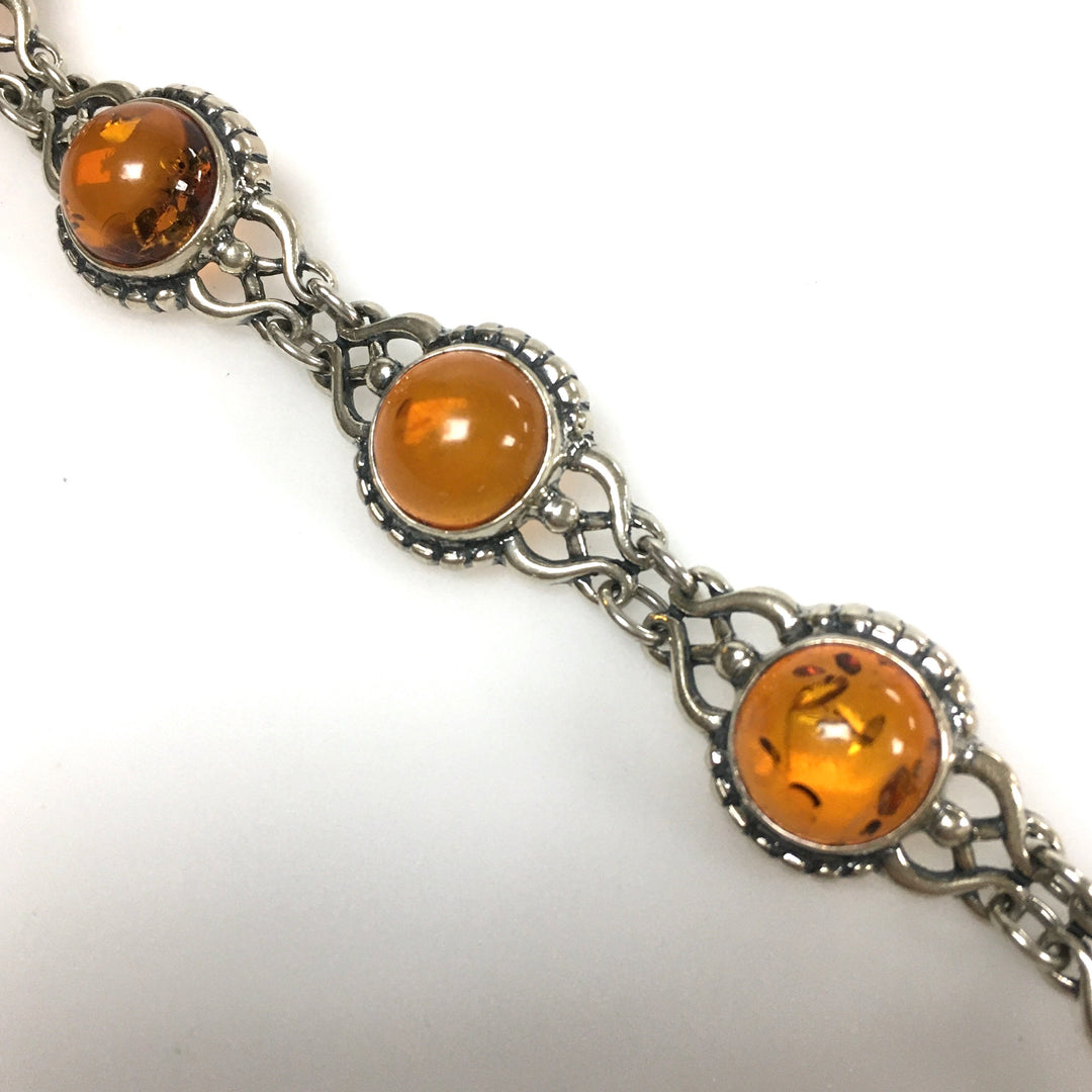 m737 Vintage Sterling Silver 925 Cabochon Amber Link Chain Bracelet 7.5" Long