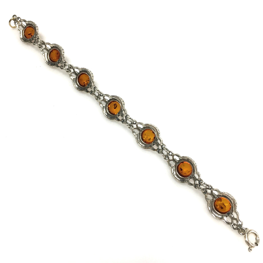 m737 Vintage Sterling Silver 925 Cabochon Amber Link Chain Bracelet 7.5" Long