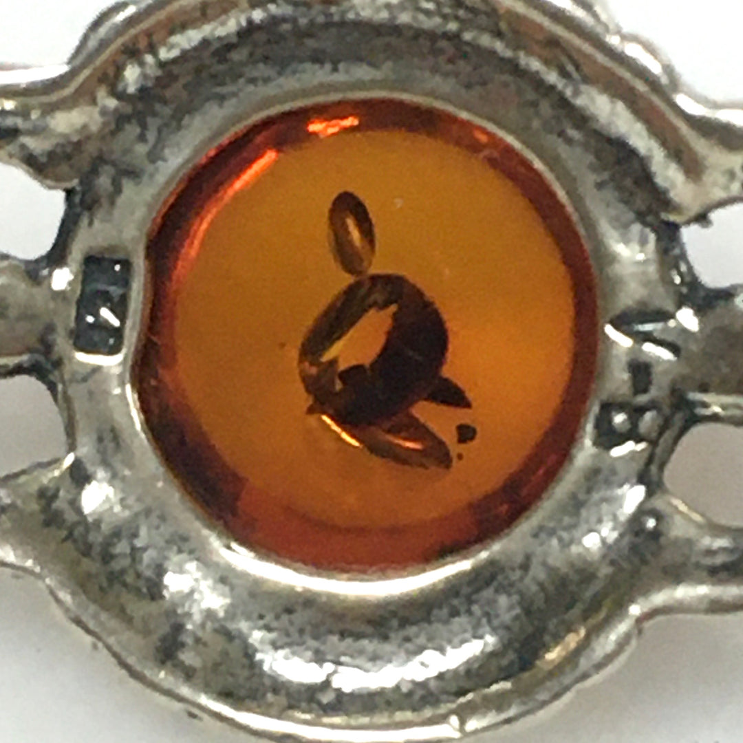 m737 Vintage Sterling Silver 925 Cabochon Amber Link Chain Bracelet 7.5" Long