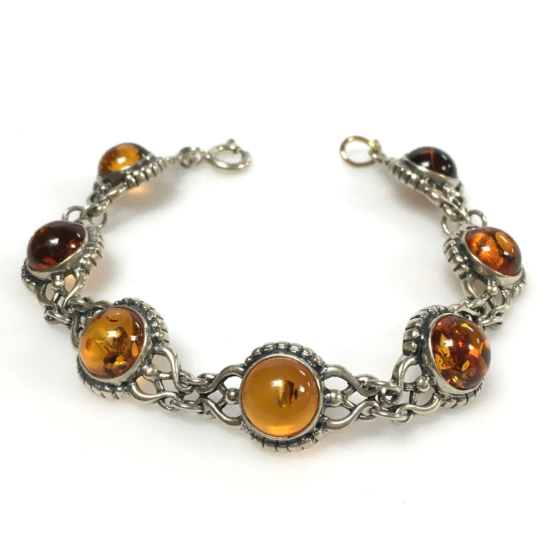 m737 Vintage Sterling Silver 925 Cabochon Amber Link Chain Bracelet 7.5" Long