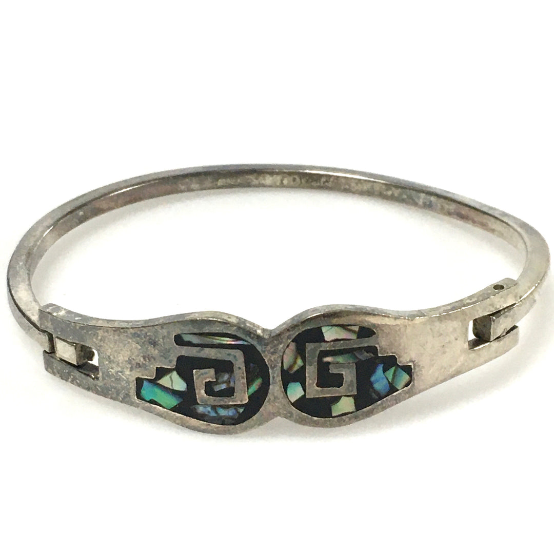 m740 Vintage Mexican Sterling Silver Darkened Mosaic Hinged Bangle Bracelet 7.25