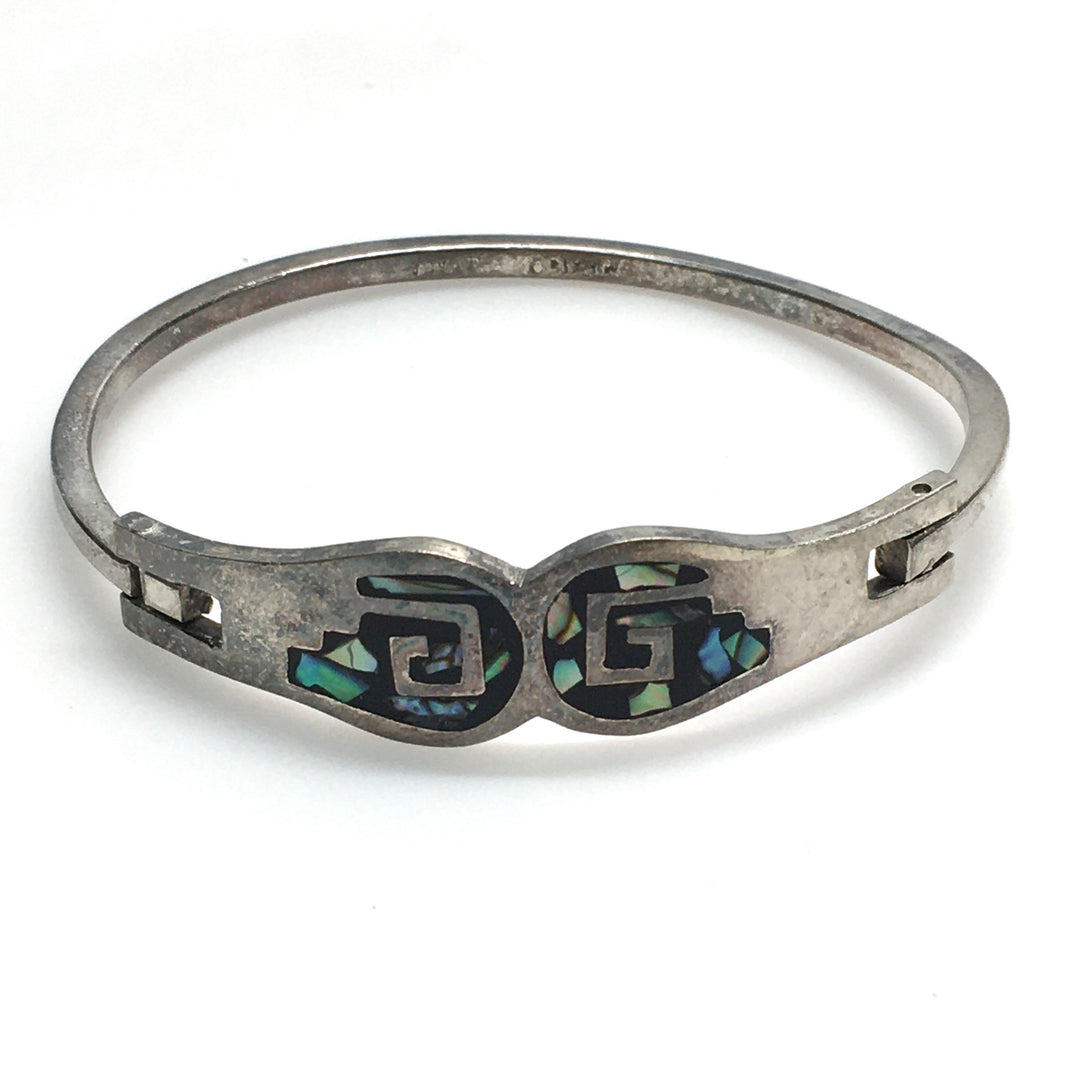 m740 Vintage Mexican Sterling Silver Darkened Mosaic Hinged Bangle Bracelet 7.25
