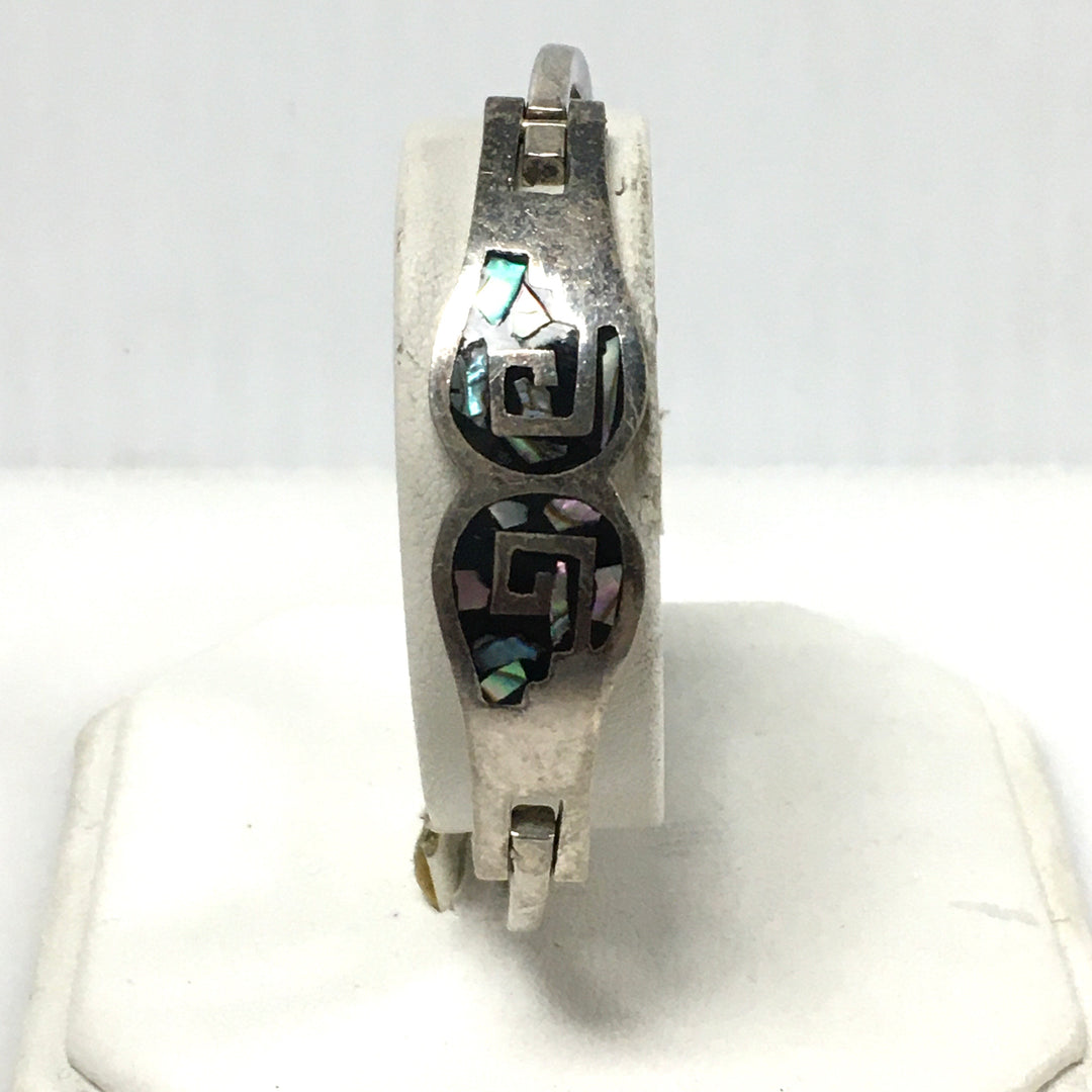 m740 Vintage Mexican Sterling Silver Darkened Mosaic Hinged Bangle Bracelet 7.25
