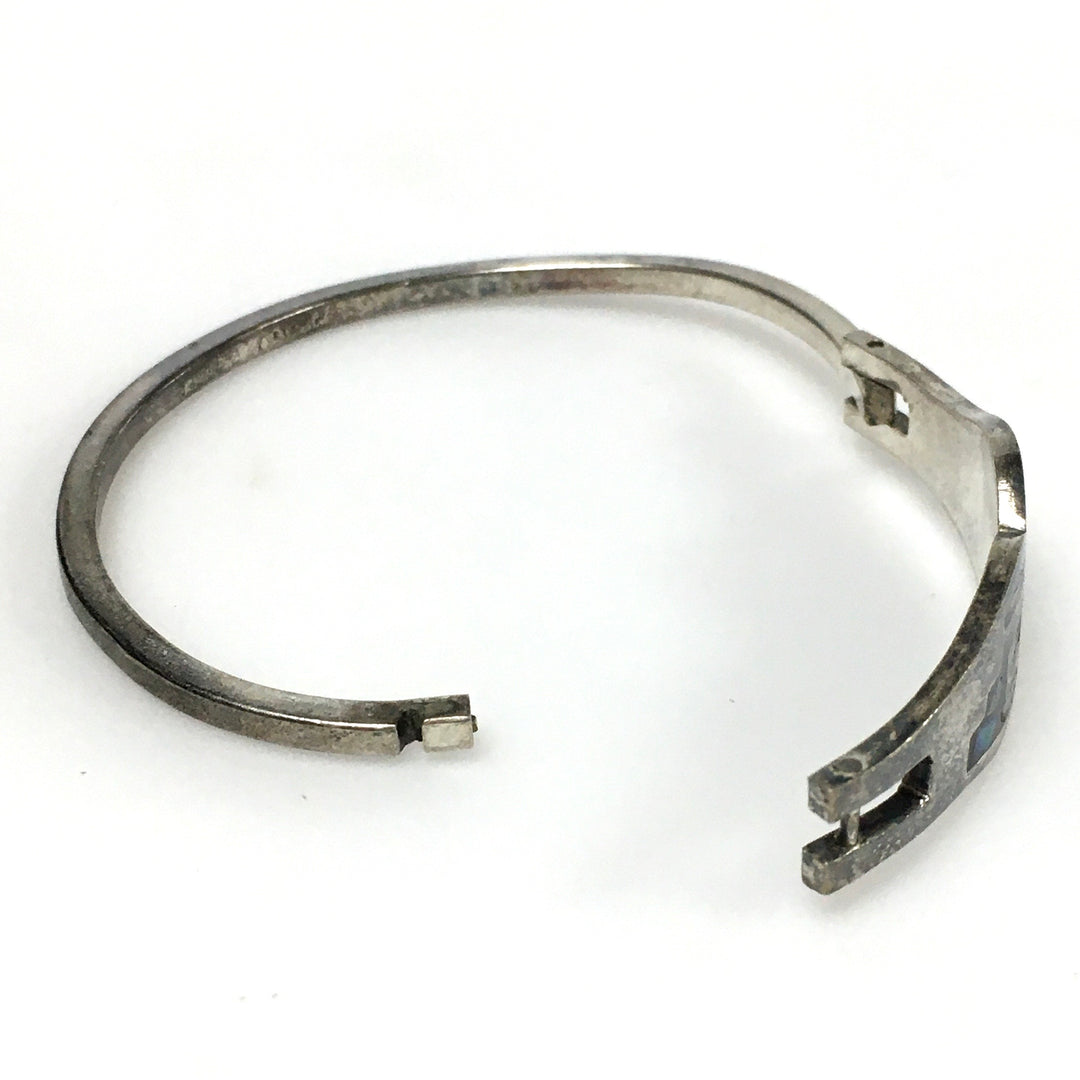 m740 Vintage Mexican Sterling Silver Darkened Mosaic Hinged Bangle Bracelet 7.25