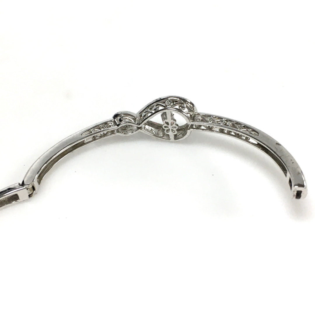 m742 Vintage Sterling Silver 10k White Gold White Opal Hinged Bangle Bracelet