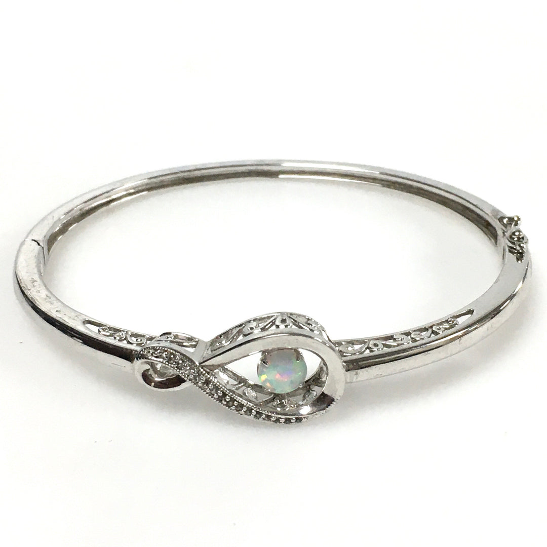 m742 Vintage Sterling Silver 10k White Gold White Opal Hinged Bangle Bracelet