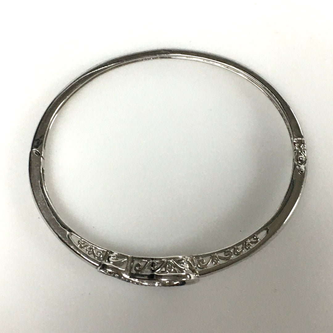 m742 Vintage Sterling Silver 10k White Gold White Opal Hinged Bangle Bracelet