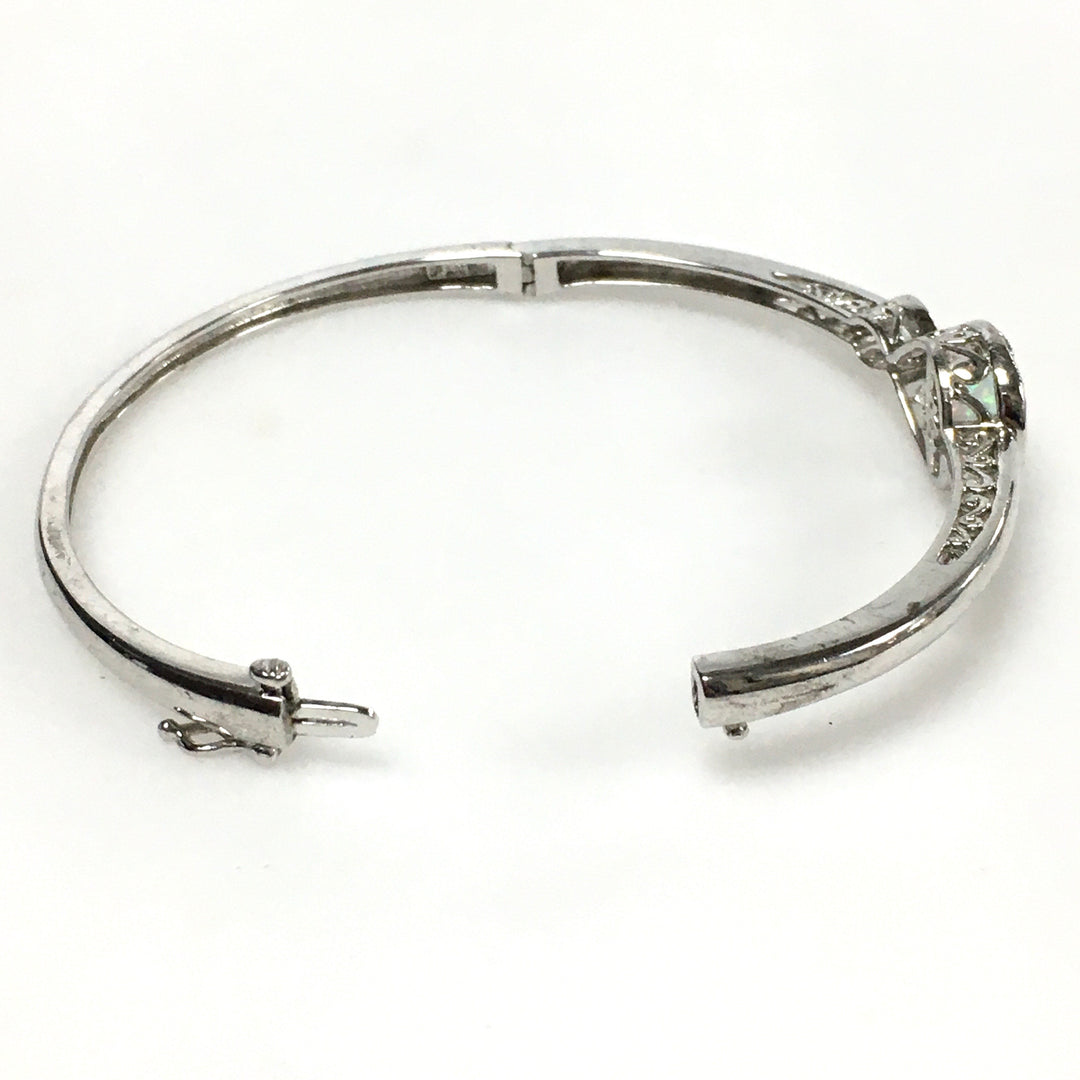 m742 Vintage Sterling Silver 10k White Gold White Opal Hinged Bangle Bracelet