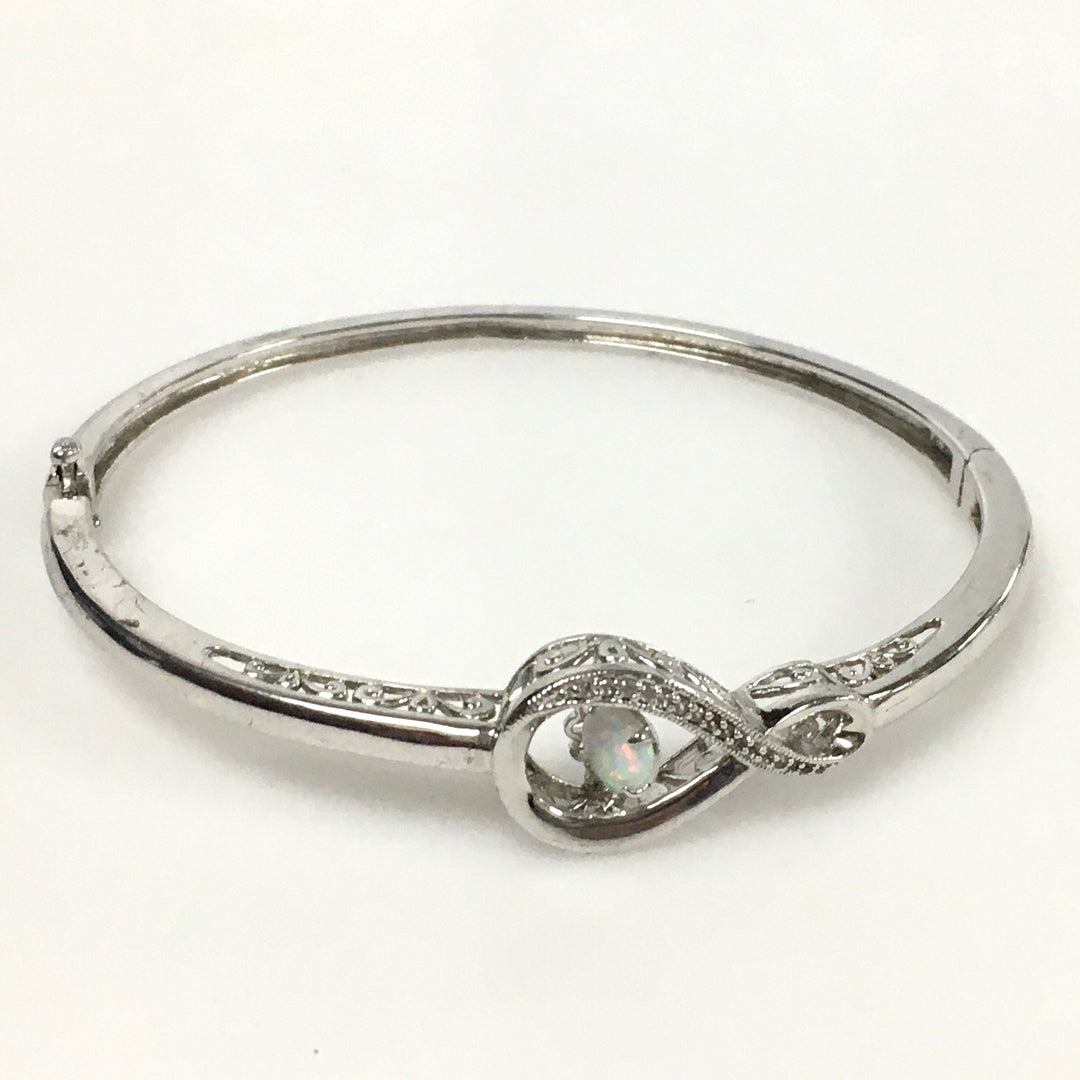 m742 Vintage Sterling Silver 10k White Gold White Opal Hinged Bangle Bracelet