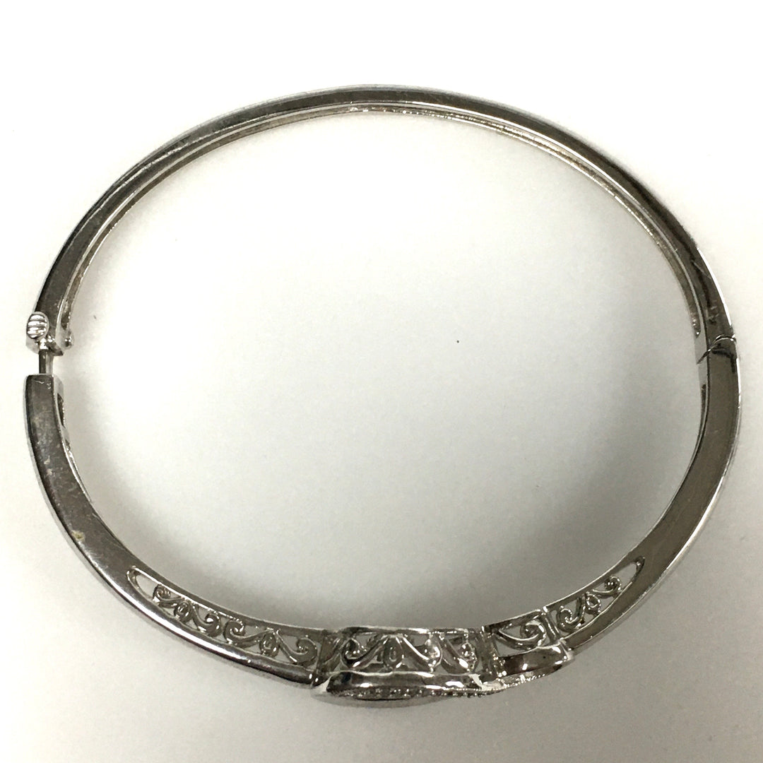 m742 Vintage Sterling Silver 10k White Gold White Opal Hinged Bangle Bracelet