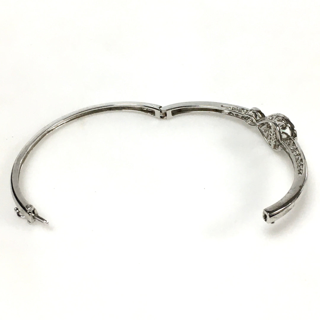m742 Vintage Sterling Silver 10k White Gold White Opal Hinged Bangle Bracelet