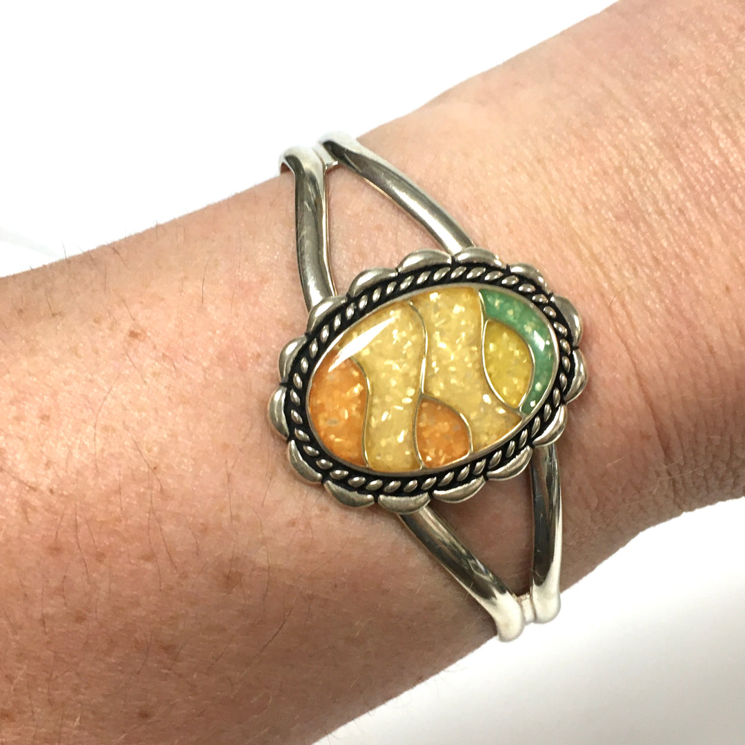 m744 Vintage Carolyn Pollack Relios Mosaic Sunrise Sterling Silver Cuff Bracelet