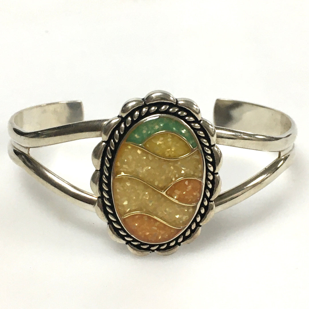 m744 Vintage Carolyn Pollack Relios Mosaic Sunrise Sterling Silver Cuff Bracelet