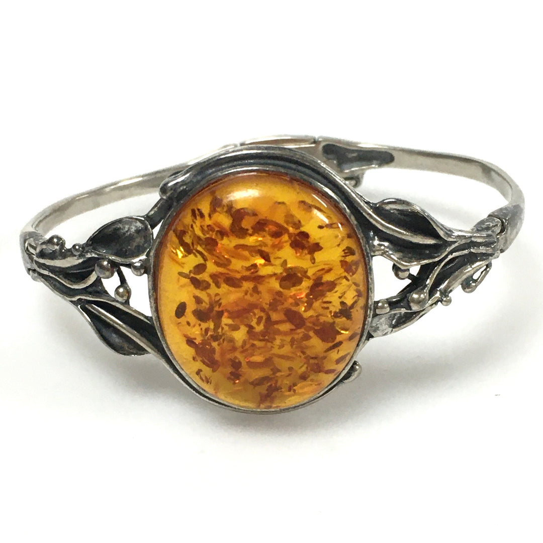 m745 Vintage Oval Natural Baltic Amber Leaf 925 Sterling Silver Bangle Bracelet