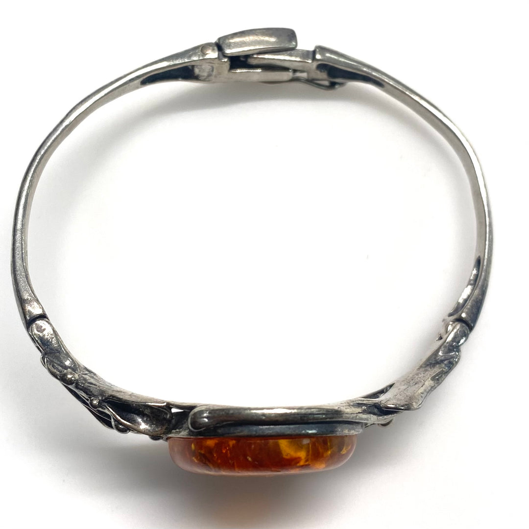 m745 Vintage Oval Natural Baltic Amber Leaf 925 Sterling Silver Bangle Bracelet