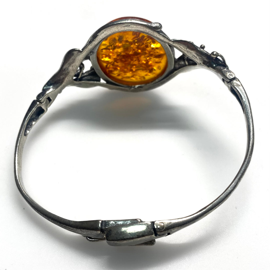 m745 Vintage Oval Natural Baltic Amber Leaf 925 Sterling Silver Bangle Bracelet