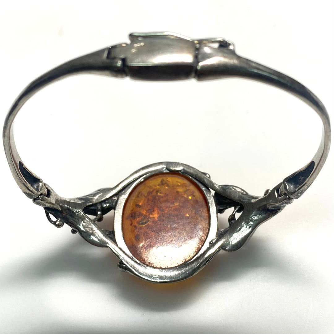 m745 Vintage Oval Natural Baltic Amber Leaf 925 Sterling Silver Bangle Bracelet