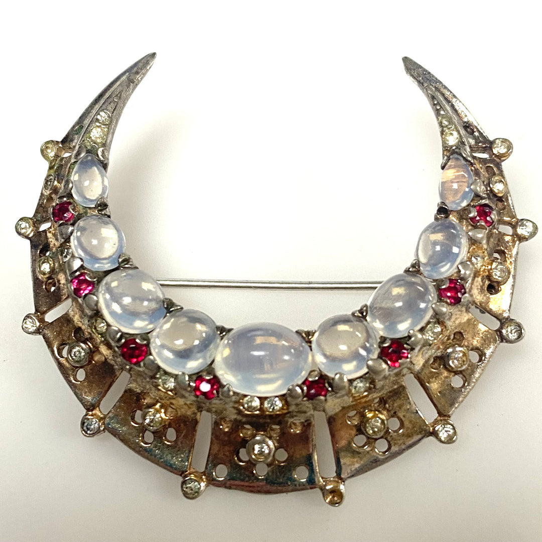 m746 Vintage Crown Trifari Sterling Silver Crescent Moon Brooch Alfred Philippe