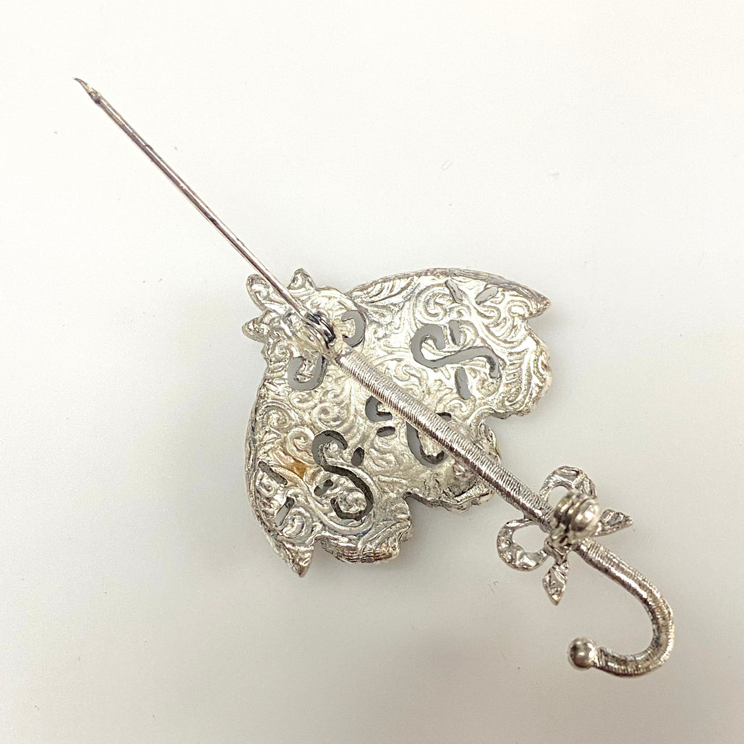 m747 Vintage 1950's Silver-tone Umbrella Parasol Brooch Pin Pavé Crystals Stones
