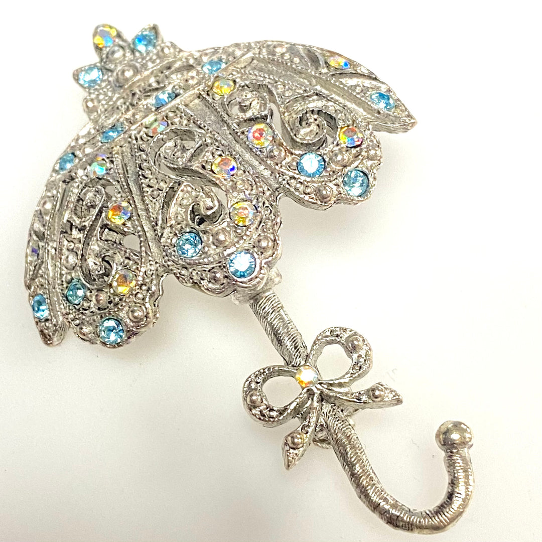 m747 Vintage 1950's Silver-tone Umbrella Parasol Brooch Pin Pavé Crystals Stones