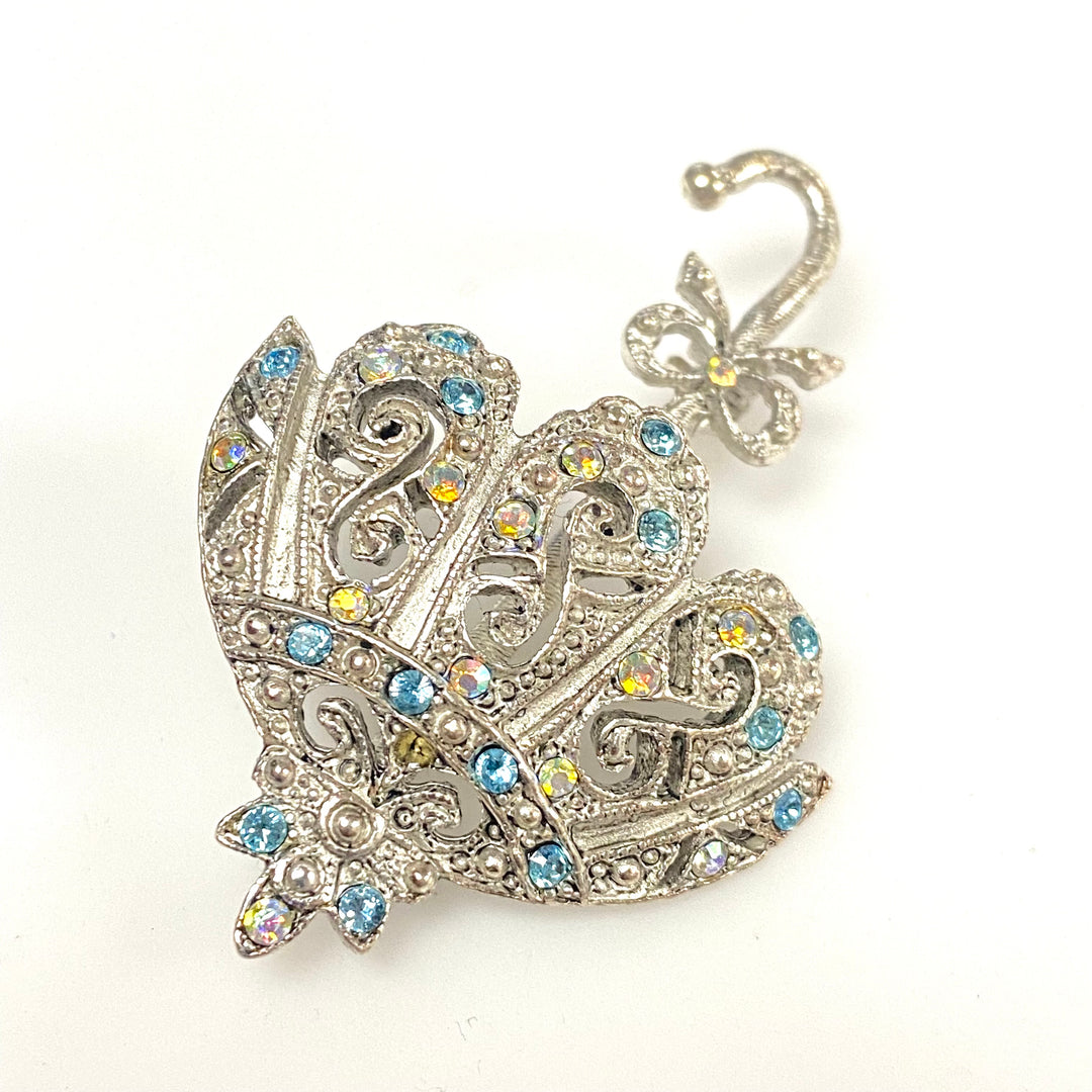 m747 Vintage 1950's Silver-tone Umbrella Parasol Brooch Pin Pavé Crystals Stones