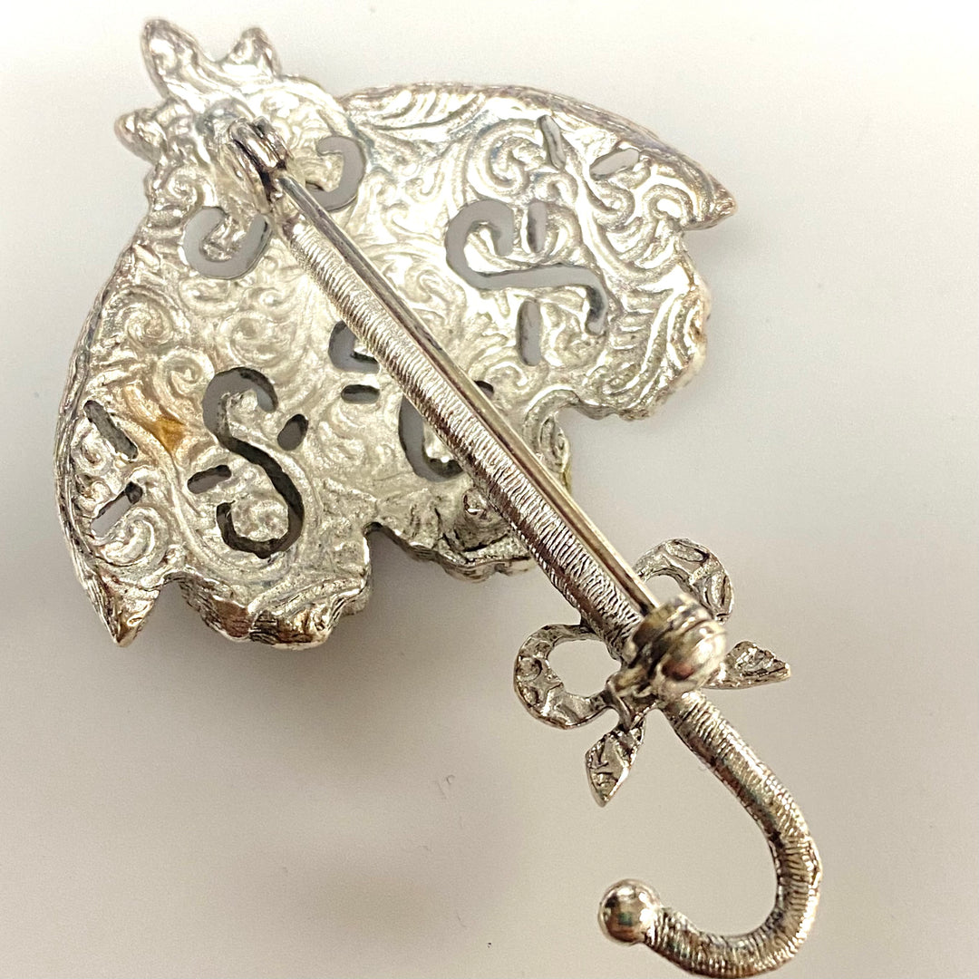 m747 Vintage 1950's Silver-tone Umbrella Parasol Brooch Pin Pavé Crystals Stones
