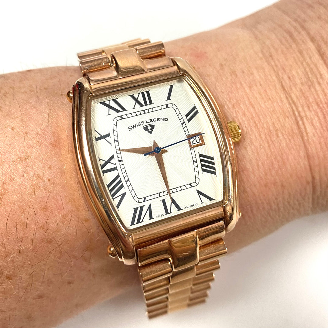 m749 Vintage Swiss Legend Quartz Stainless Gold Tone Tonneau Case Wrist Watch