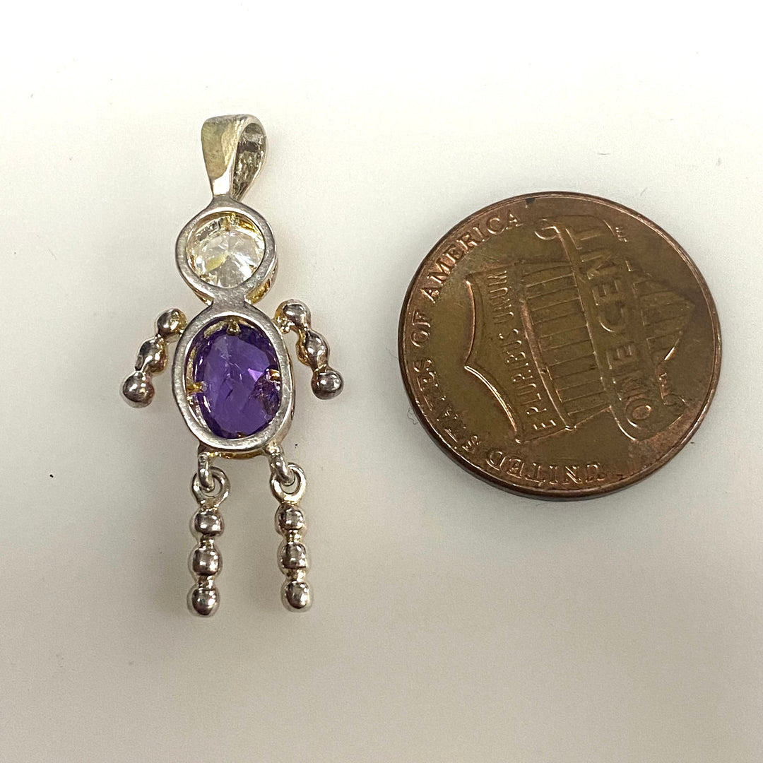 m757 Vintage February Faceted Birthstone Babies Sterling Silver Boy Pendant