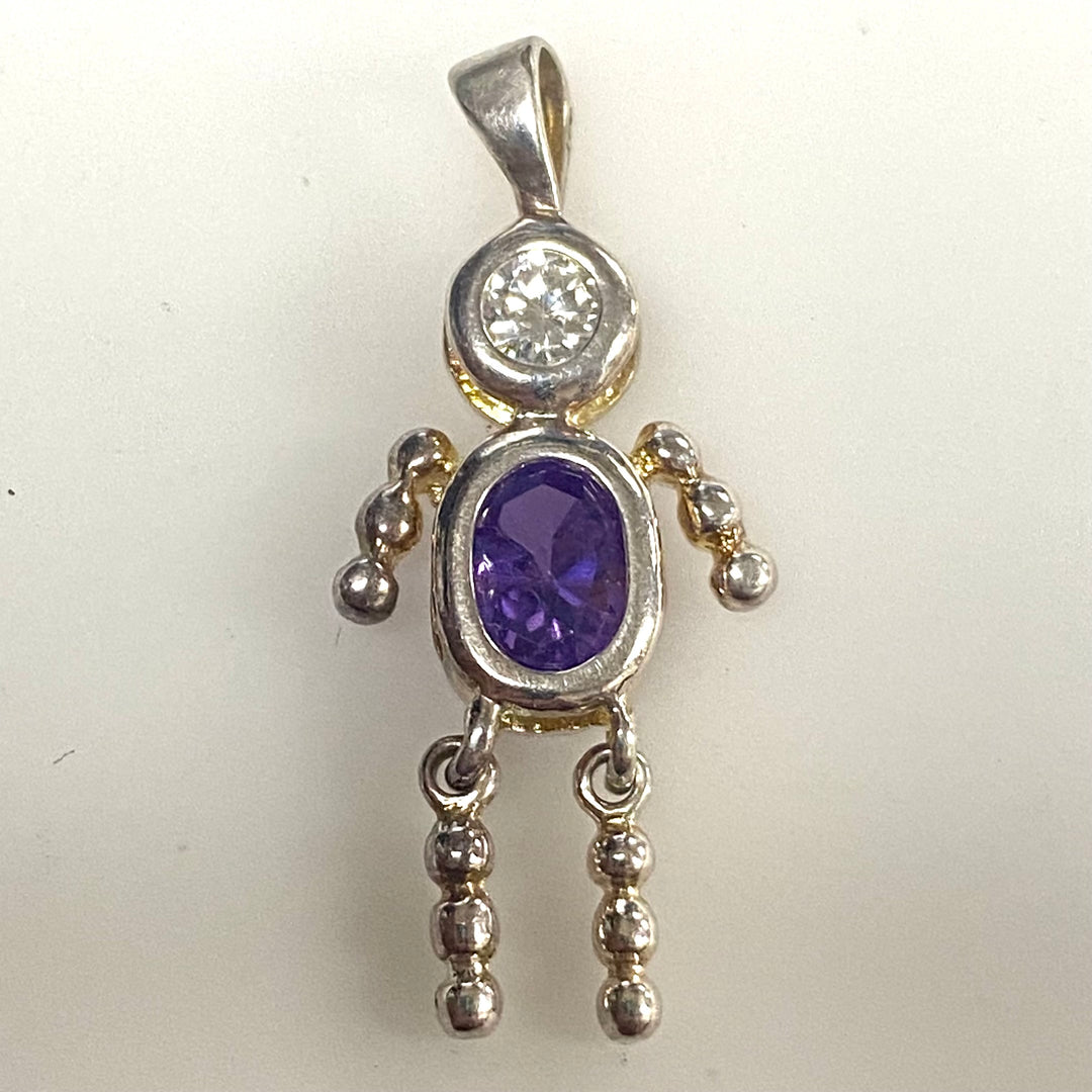m757 Vintage February Faceted Birthstone Babies Sterling Silver Boy Pendant