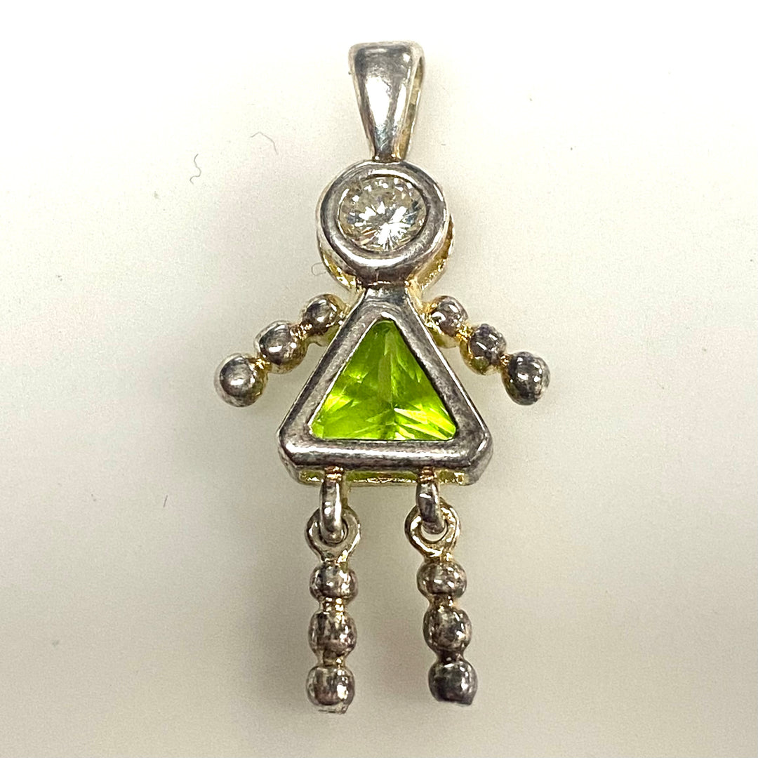m758 Vintage August Faceted Peridot Birthstone Babies Sterling Silver Girl Pendant