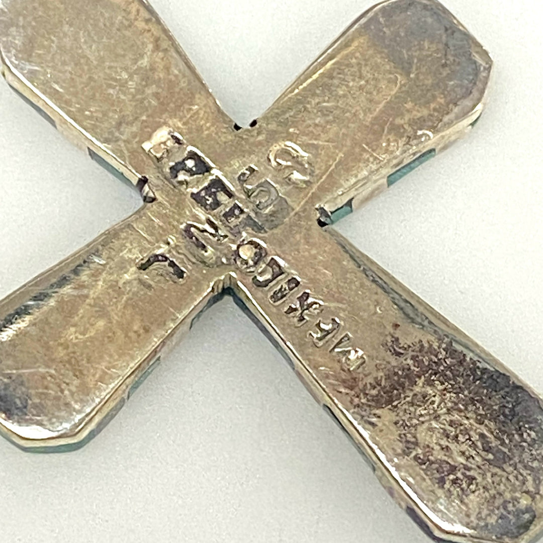 m763 Vintage Mexico Sterling Silver Cross Pendant Inlaid Oval Malachite Stone