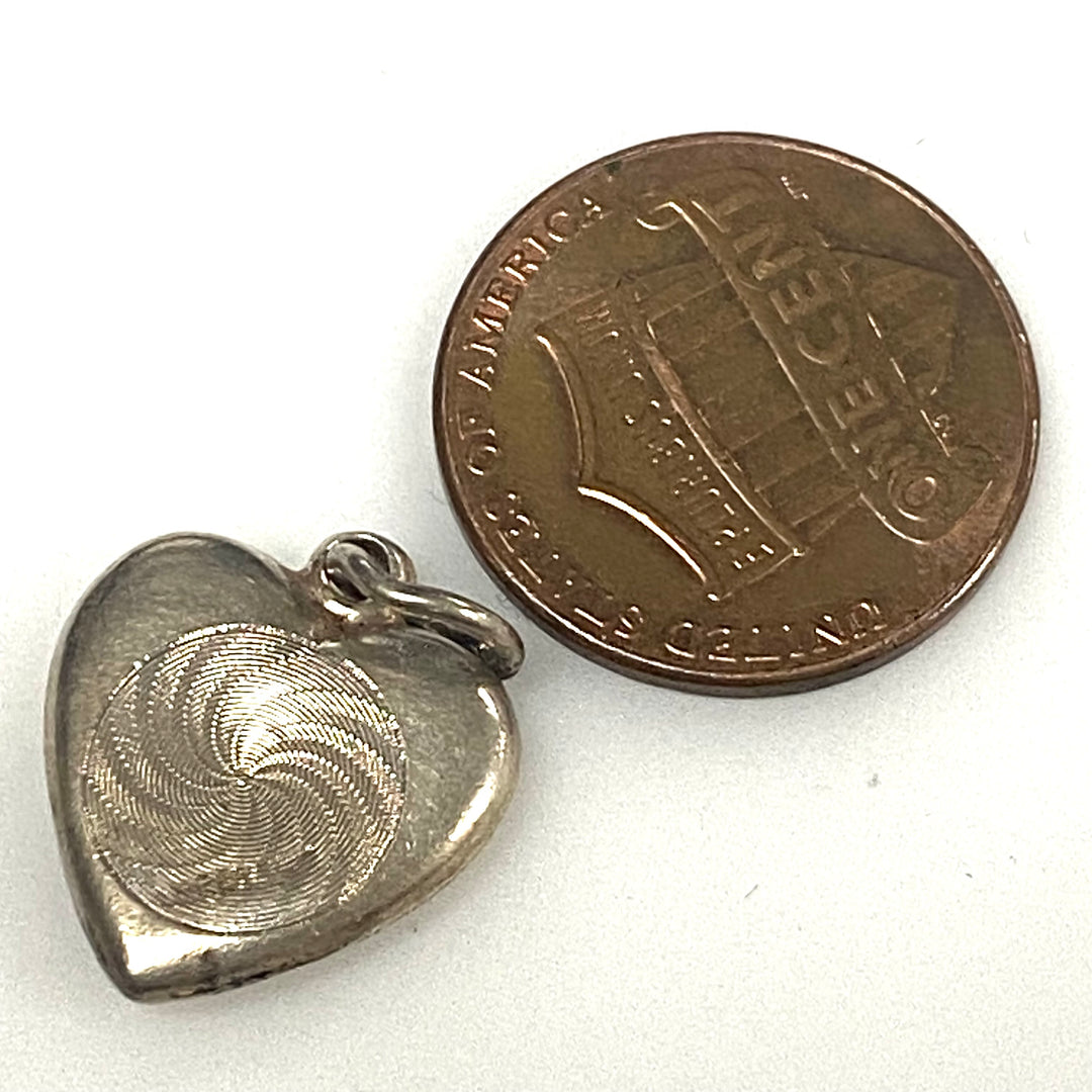 m764 Vintage Sterling Silver Puffy Heart Charm Pendant Hand-painted Rose Design