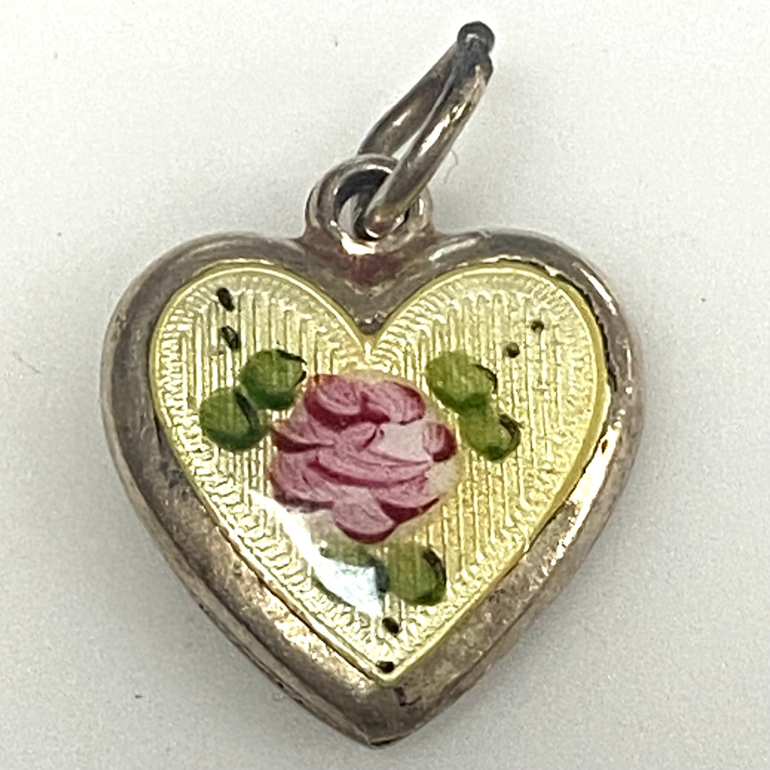 m764 Vintage Sterling Silver Puffy Heart Charm Pendant Hand-painted Rose Design