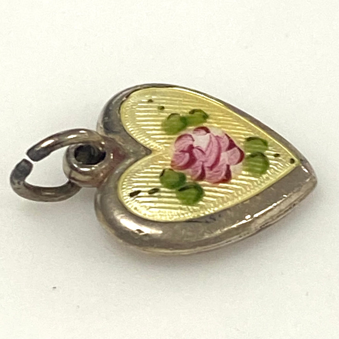 m764 Vintage Sterling Silver Puffy Heart Charm Pendant Hand-painted Rose Design