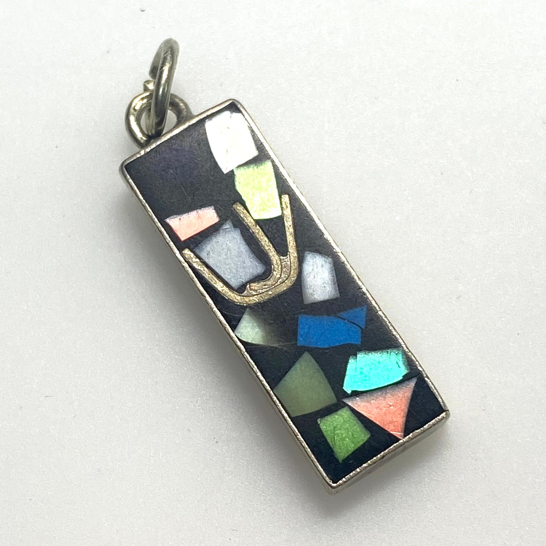 m767 Vintage Sterling Silver Rectangular Pendant Charm Multi-stone & Shell Inlay
