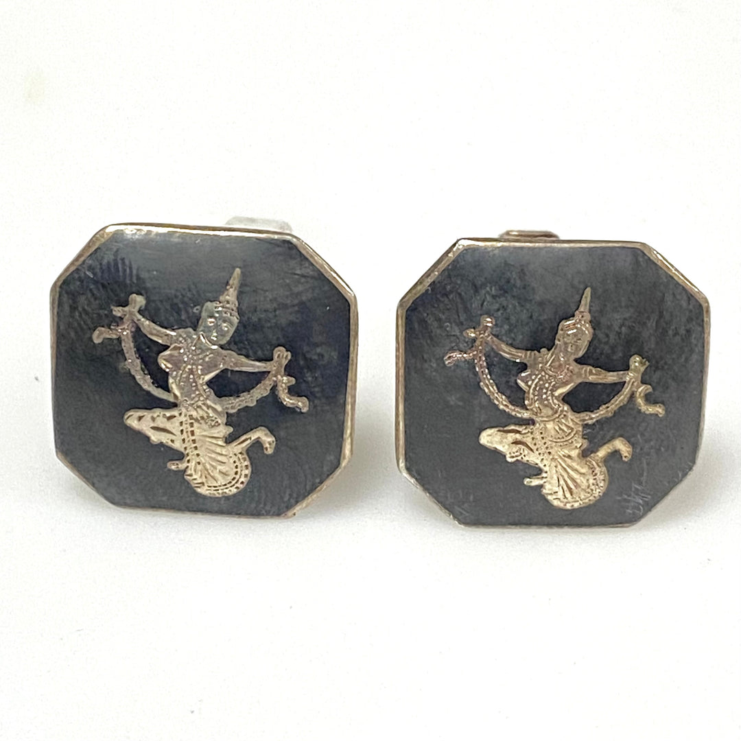 m773 Vintage Nielloware Cufflinks Classical Dancing Figure Motif Made in Siam